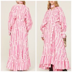 Patou Painter Pink White Printed Long Sleeve Maxi Dress Ruffle Size FR 40 / US 8